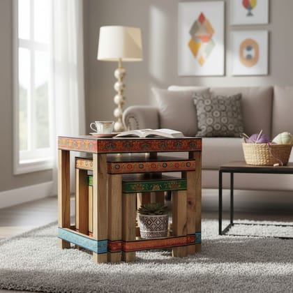 Handicraft Wooden Nesting Stool, Side Coffee Table