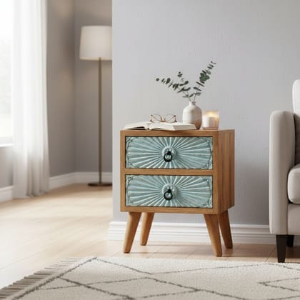 Hand-Carved Bedside Table with 2 Storage Drawers – Boho Finish