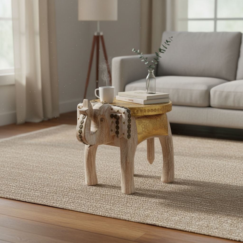 BAANMATA INTERNATIONAL Handicraft Elephant Coffee-Table,Brass Embossed Wooden Cocktail-Table Cum Bedside Table,Home Living Showpiece Lamp-Table
