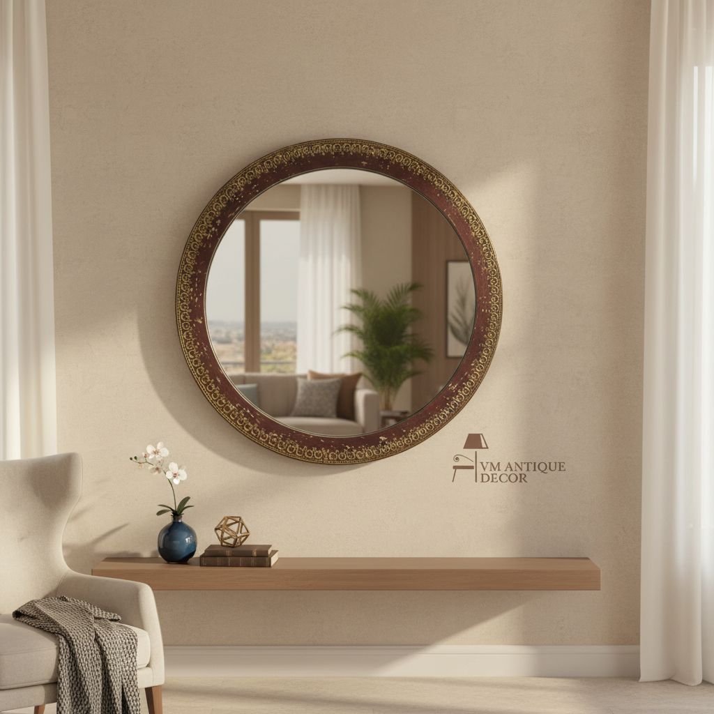 VM ANTIQUE DECOR Handicraft Distressed Wall-Mirror,Brass-Embossed Wooden Bedroom-Mirror,Home Living Showpiece Round-Mirror