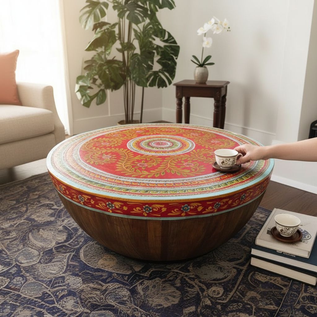 Wooden Round Indian Carved Drum Coffee Table-Handicraft Central Table Art Decor