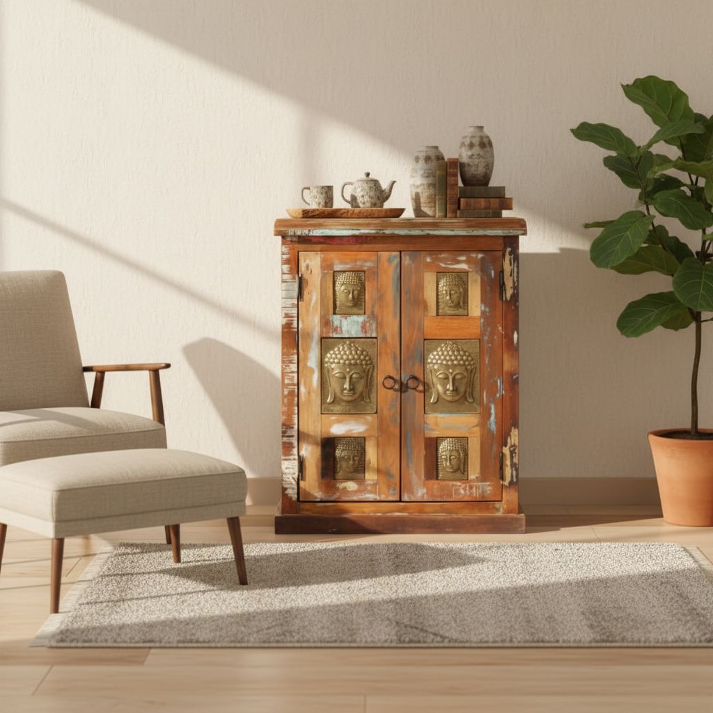 Wooden Cupboard Table Home Living Cabinet, Handicarft Storage Side-board, Distressed Table With Budhha Statue