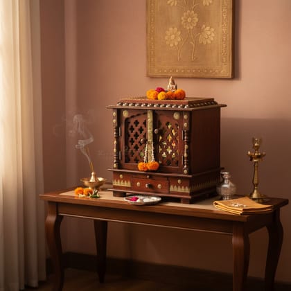 Wooden Indian Mandir With Brass Fitting Side Wall Hanging Hindu Temple Decor