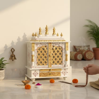 Wood Painted Beautiful White Temple For Home-Pooja Wall Mandir