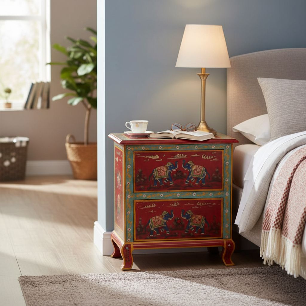 Solid Wood Elephant Painted Bedside Cabinets Drawers