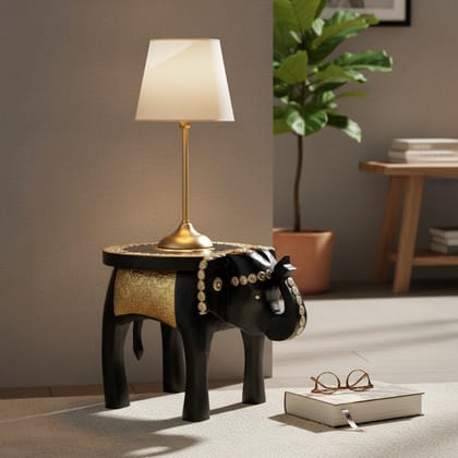 VM ANTIQUE DECOR Handicraft Drawing-Room Decors Showpiece Elephant-Table,Brass-Embossed Wooden Decorative Table, Luxurious Lamp-Table for Bedroom-Decoration
