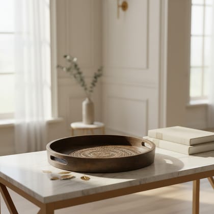 Wood Carved Round Gray Serving Tray