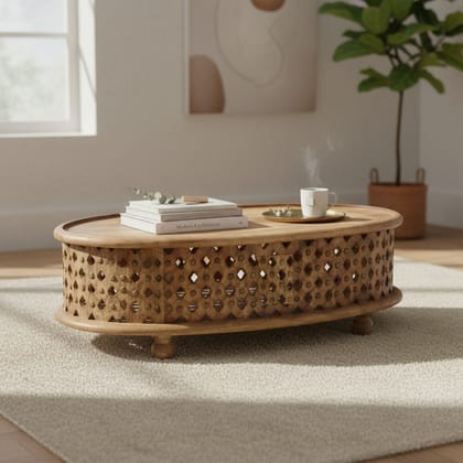Wooden Oval Tribal Carved Coffee Table Home Bedroom Furniture