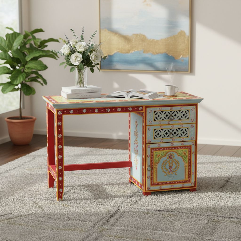 Wooden Painted Side Coffee Table With Chair (46x18x30 inch)