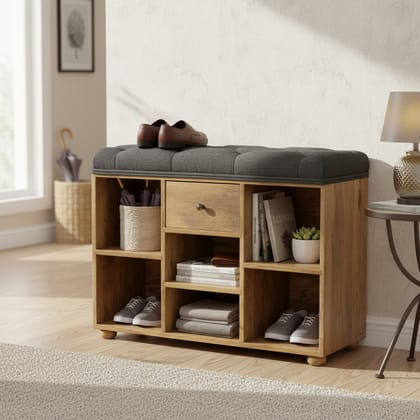 Solid Wooden Storage Bench with Cushioned Seat