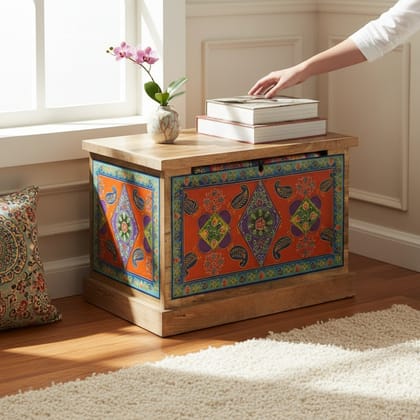 Wooden Solid Painted Handicraft Center Trunk Table | Storage Dowry Box