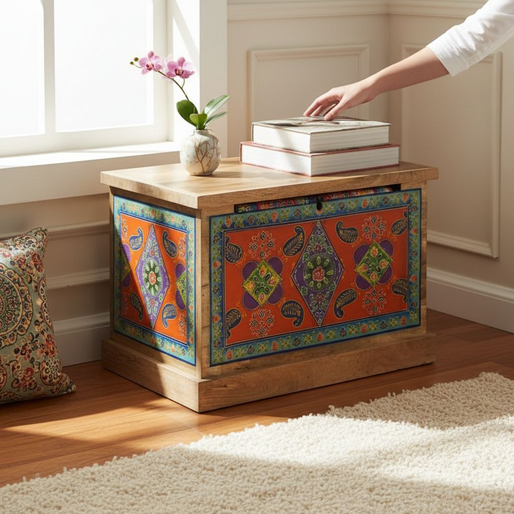 Wooden Solid Painted Handicraft Center Trunk Table | Storage Dowry Box