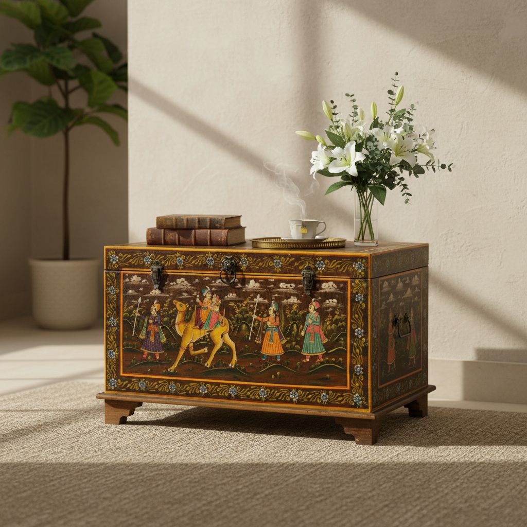 Handicraft Dola-Maru Painted Trunk Box, Wooden Storage Box, Home Living Blanket Box, Jewelry Storage Roomy-Box