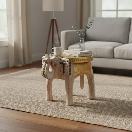 VM ANTIQUE DECOR Handicraft Elephant Coffee-Table,Brass Embossed Wooden Cocktail-Table Cum Bedside Table,Home Living Showpiece Lamp-Table