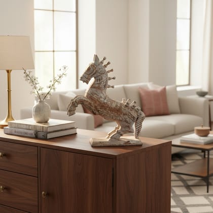 Vm Antique Decor Handicraft Table Decors Running Horse-Statue,Distressed-White Wooden Showpiece Horse-Statue,Home Living Horse-Statue for Decoration