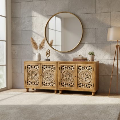 Handcrafted Solid Wood Carved Accent Cabinet