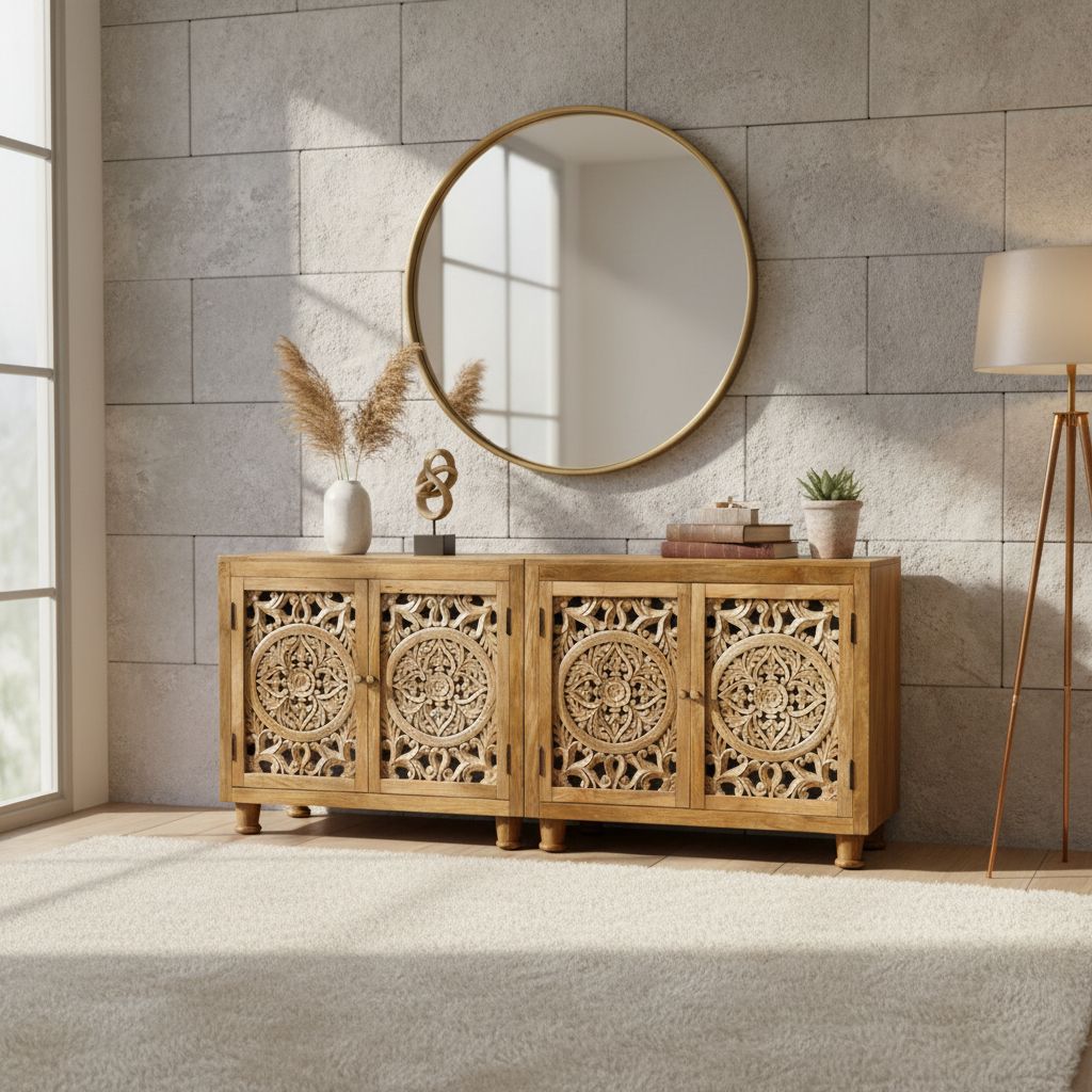 Handcrafted Solid Wood Carved Accent Cabinet