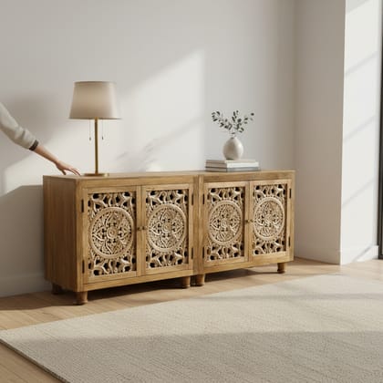 Handcrafted Solid Wood Carved Accent Cabinet