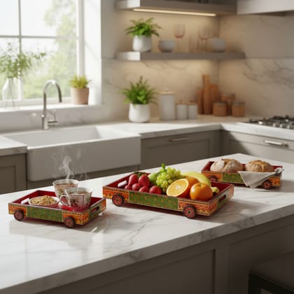 Handicraft Kitchen Decor Tray, Wooden Painted Hospitality Tray in Set of 3,Tea-Coffee-Breakfast Offer Tray, Gift-Tray for Special Occasions