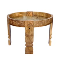 Wooden Chakki Table Side Brass Stool Carved 