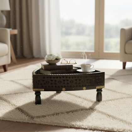 VM ANTIQUE DECOR Triangular Handicraft Coffee-Table Cum Fruits-Bowl,Wooden Carved Chapati-Bowl Cum Lamp-Table,Multipurpose Showpiece Chakki-Table for Office/Home