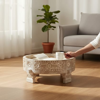 VM ANTIQUE DECOR Handicraft Distressed Round Coffee-Table Cum Chapati Storage-Bowl,Wooden Carved Grinder-Table Cum Moon-Table,Home-Living Multipurpose Showpiece Chakki-Table