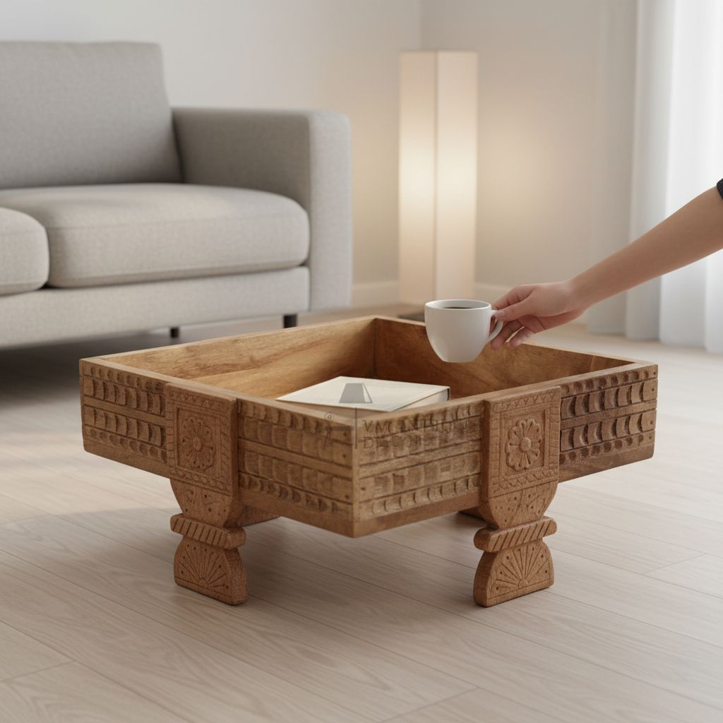 VM ANTIQUE DECOR Handicraft Coffee Table Cum Moon Table,Wooden Luxurious Carved Gathering-Table,Multipurpose Chakki-Table for Home/Office