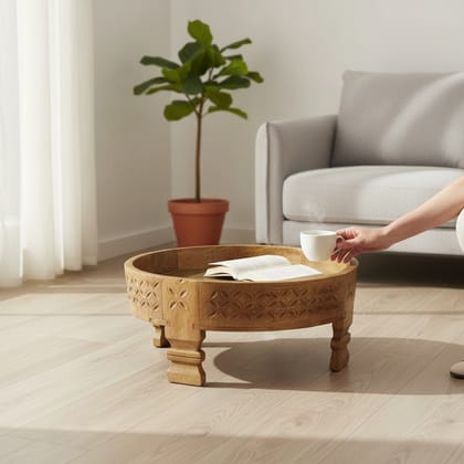 VMAntique Decor Wooden Natural Brown Chakki Table, Handicraft Carved Grinder Table, Coffee Table Cum Cocktail Table,Indoor Lamp-Table45 x 45 x 20 cm