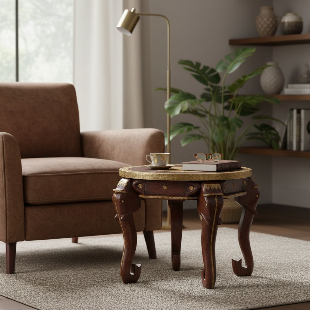 VM ANTIQUE DECOR Handicraft Drawing-Room Coffee Table,Brass-Embossed Wooden Lamp Table Cum Cocktail Table,Home Living Showpiece Elephant Table