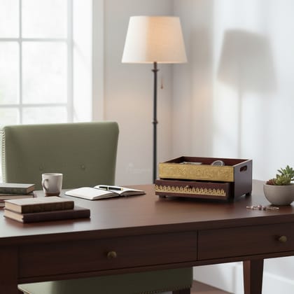 Vm Antique Decor Handicraft Jewelry Organizer-Desk,Brass-Embossed Wooden Cosmetics Storage-Desk,Home Living Multipurpose-Desk for Ladies