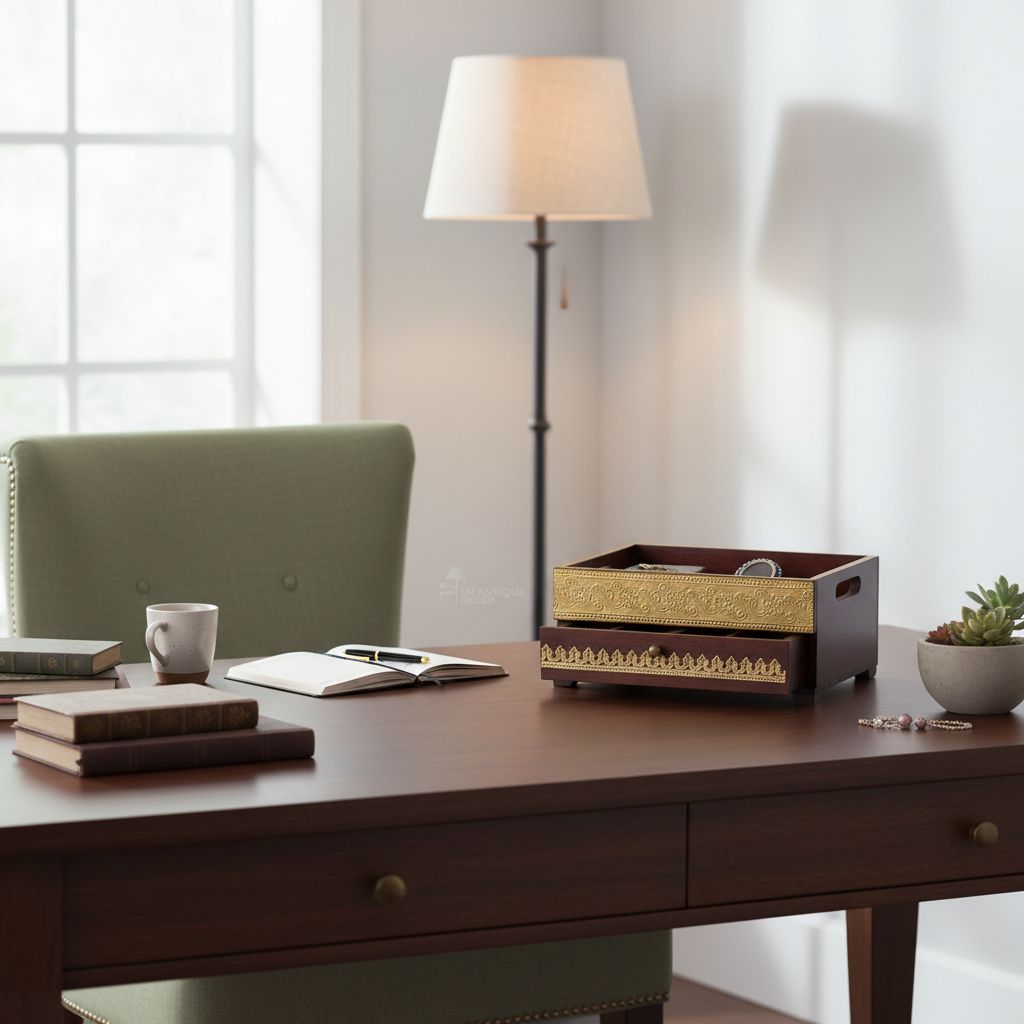 Vm Antique Decor Handicraft Jewelry Organizer-Desk,Brass-Embossed Wooden Cosmetics Storage-Desk,Home Living Multipurpose-Desk for Ladies