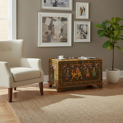 Handicraft Dola-Maru Painted Trunk Box, Wooden Storage Box, Home Living Blanket Box, Jewelry Storage Roomy-Box