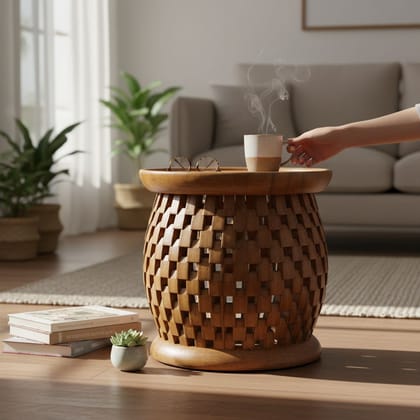 Wood Carved Round Bedside Table-Central Table