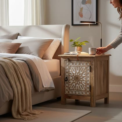 Boho Bedside Table –Natural Finish with Intricate Hand-Carved Detailing and Storage Shelf