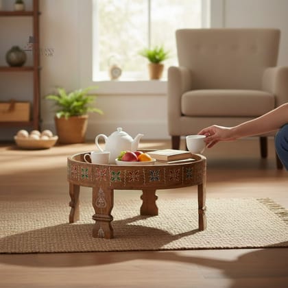 Wooden Handpainted Round Vintage Coffee Table for Home Decor