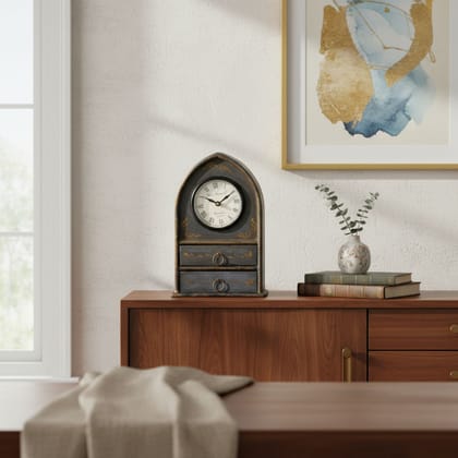 VMAntique Decor Handicraft Showpiece Table-Clock, Wooden Floral Painted Drawer-Clock,Gift Item Table-Clock, Study-Office-Drawing Room Decors Table-Clock