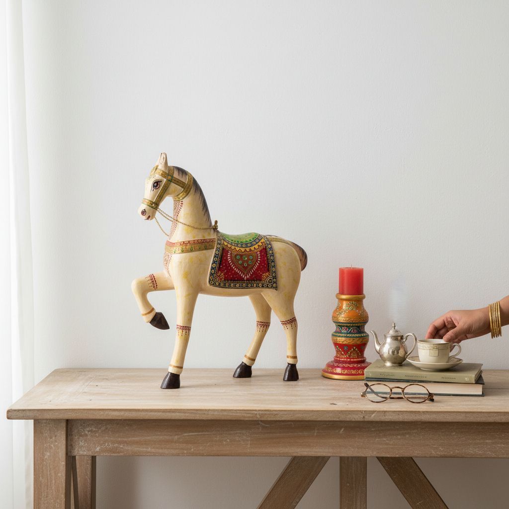 Home Decor Handicraft Horse-Statue, Wooden Beautiful Painted Horse-Idol, Showpiece Table Decor Horse-Figurine