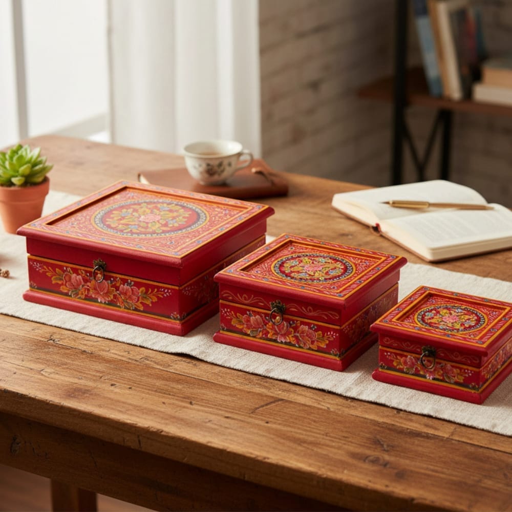 Hand Painted Wooden Jewelry Box Handmade Set of 3 Pcs