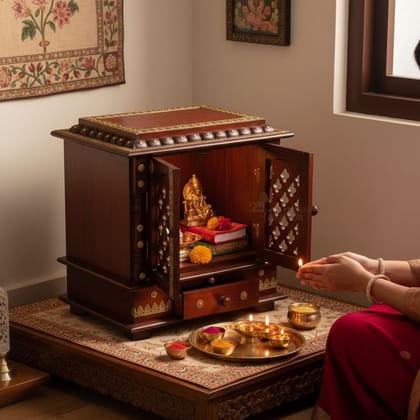 Wooden Indian Mandir With Brass Fitting Side Wall Hanging Hindu Temple Decor