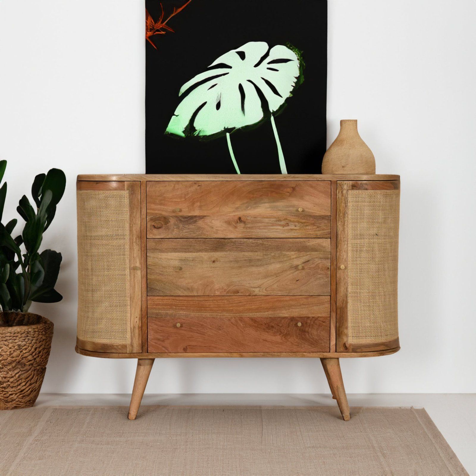 Rattan and Solid Wood Sideboard with 3 Drawers and 2 Cabinets