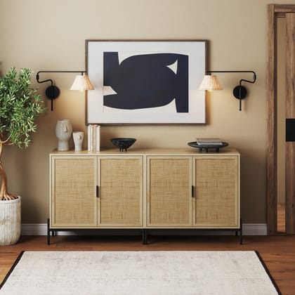 Wood Rattan TV Console Table-Storage Sideboard