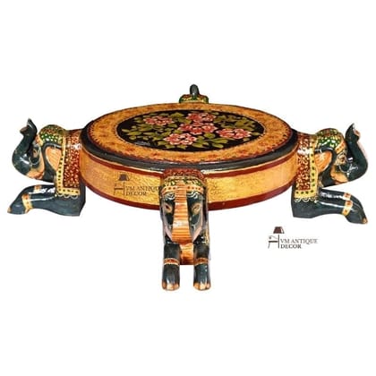 Attractive Indian Wooden Round Elephant 4 Mouth Pooja Religious Chowki Table