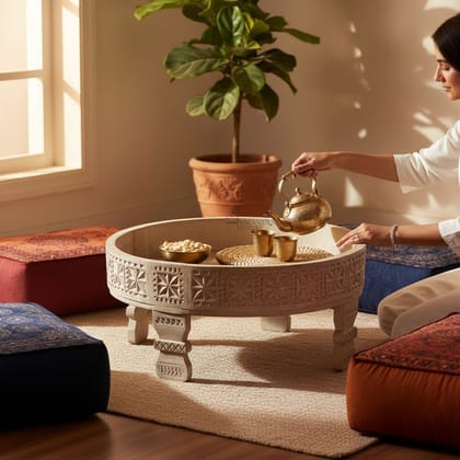 Wooden Handmade Round Gray Chakki Coffee Table with Storage