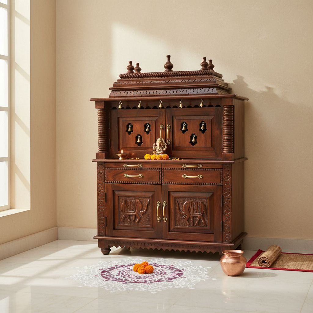 Wooden Carved Temple-Pooja Mandir Self With Bells Desk Home Mandir