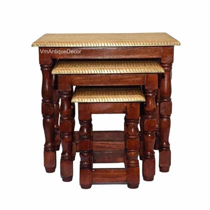 Indian Wooden Nesting Table Handicraft Brown Natural Brass Fitting