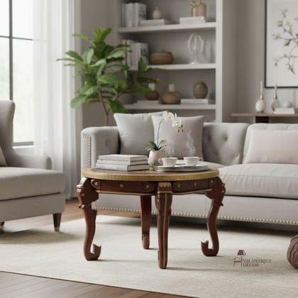 BAANMATA INTERNATIONAL Handicraft Drawing-Room Coffee Table,Brass-Embossed Wooden Lamp Table Cum Cocktail Table,Home Living Showpiece Elephant Table