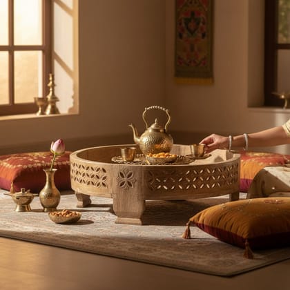 BAANMATA INTERNATIONAL Handicraft Moon-Table Cum Round Coffee-Table,Bedroom Decors Wooden Lamp-Table,Mutlipurpose Carved Chakki-Table for Home/Office