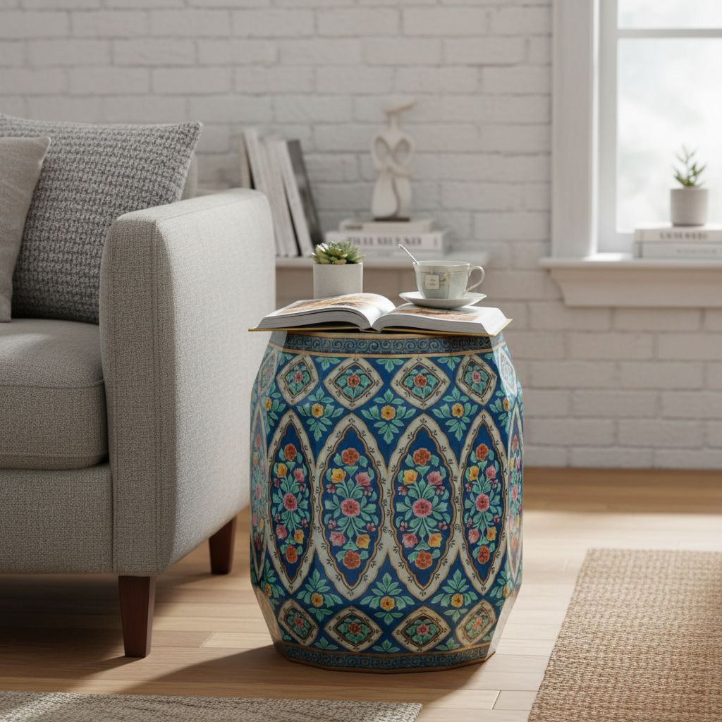 Solid Wood Floral Painted Side Table Nightstand