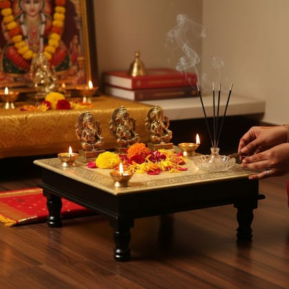 Indian Wooden Chowki Table-Pooja Bajot Table setof3