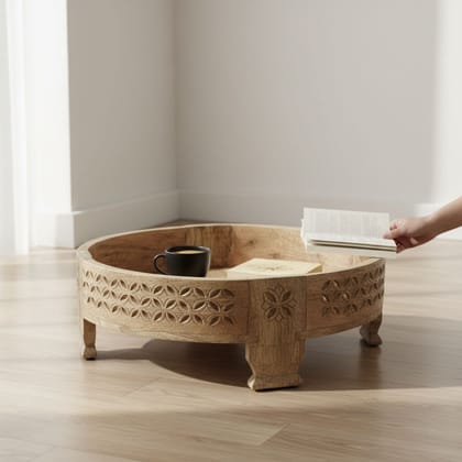 BAANMATA INTERNATIONAL Handicraft Moon-Table Cum Round Coffee-Table,Bedroom Decors Wooden Lamp-Table,Mutlipurpose Carved Chakki-Table for Home/Office